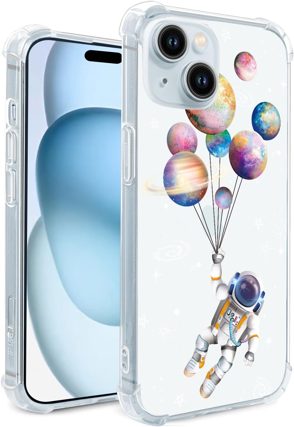 Hi Space Compatible con iPhone 15 Plus, funda de astronauta, planeta, estrella espacial, luna con purpurina, transparente, constelación para