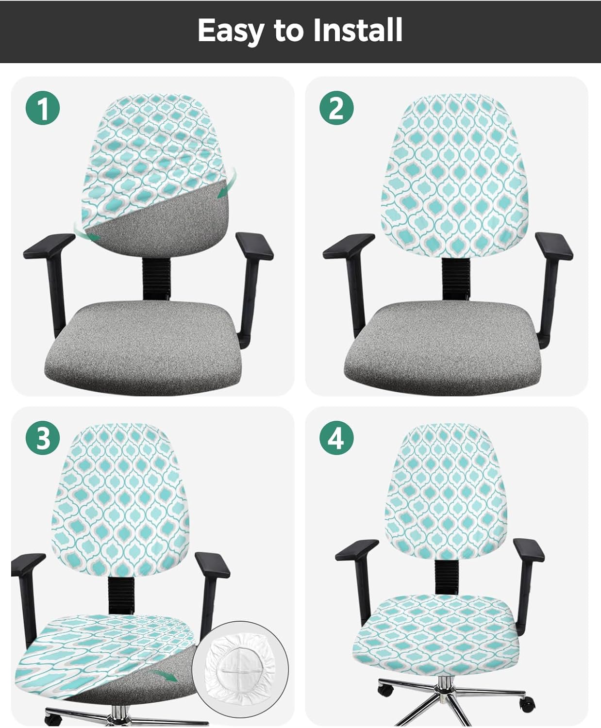 Fundas para silla de computadora de oficina, color verde azulado, turquesa, patrón geométrico, protector y elástico, resistente al agua, fundas de