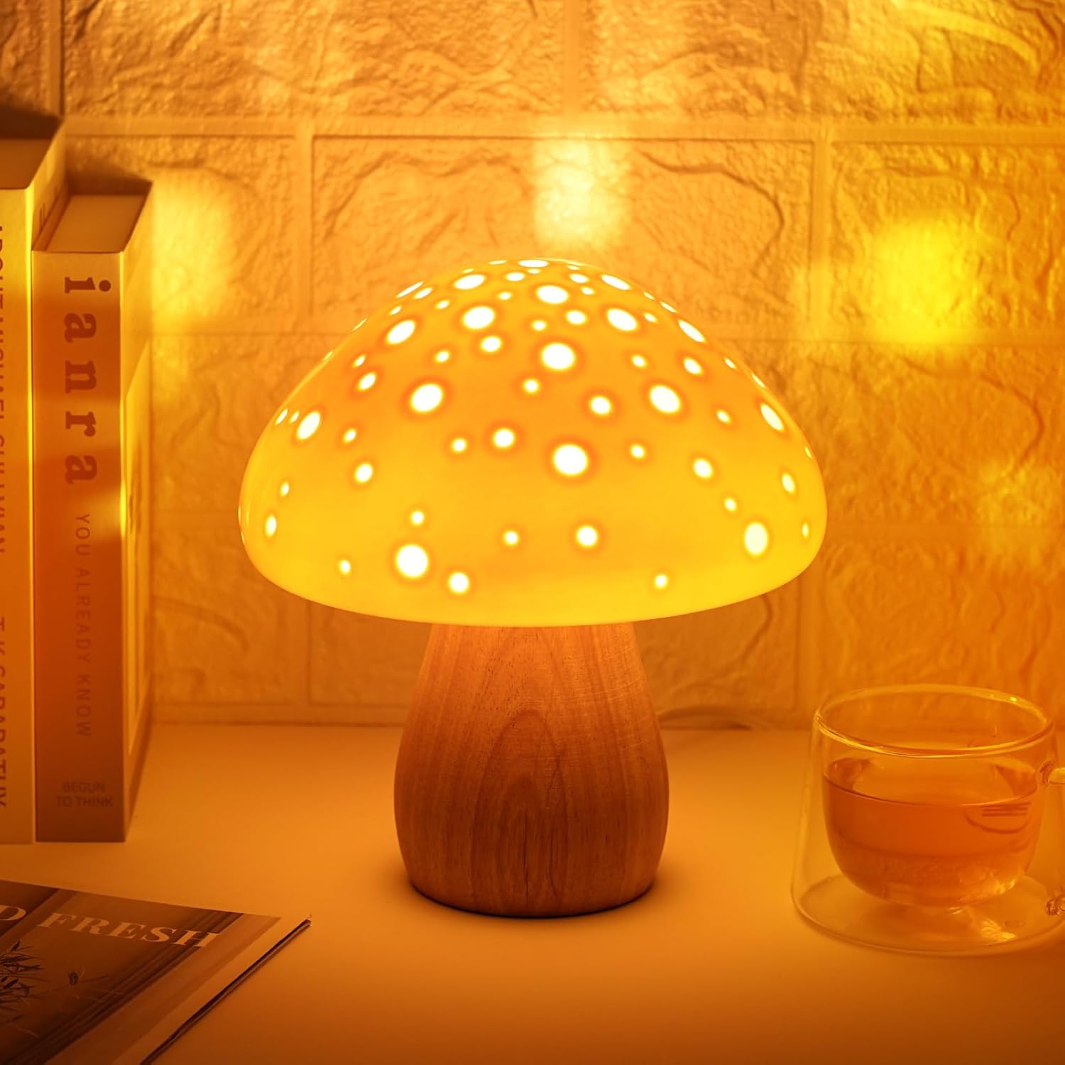 KAiSnova Lámpara de seta pequeña lámpara de mesita de noche, lámpara de escritorio de cerámica rosa, lámpara de mesita de noche única, luces