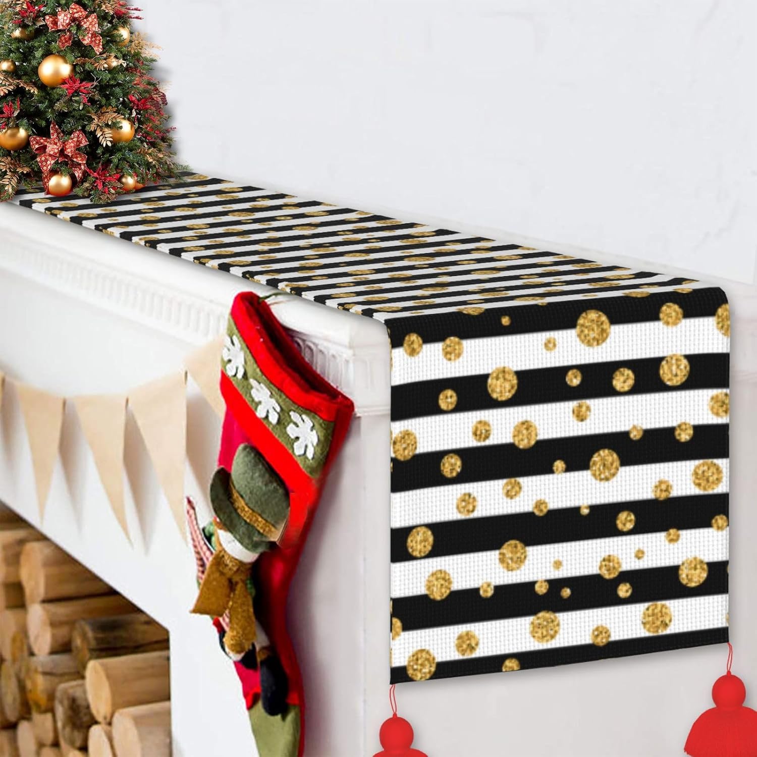 Striped Golden Polka Dots Christmas Table Runner Dining Table Decor Christmas Decorations Indoor Home Decor Christmas Table Runners Xmas Navidad
