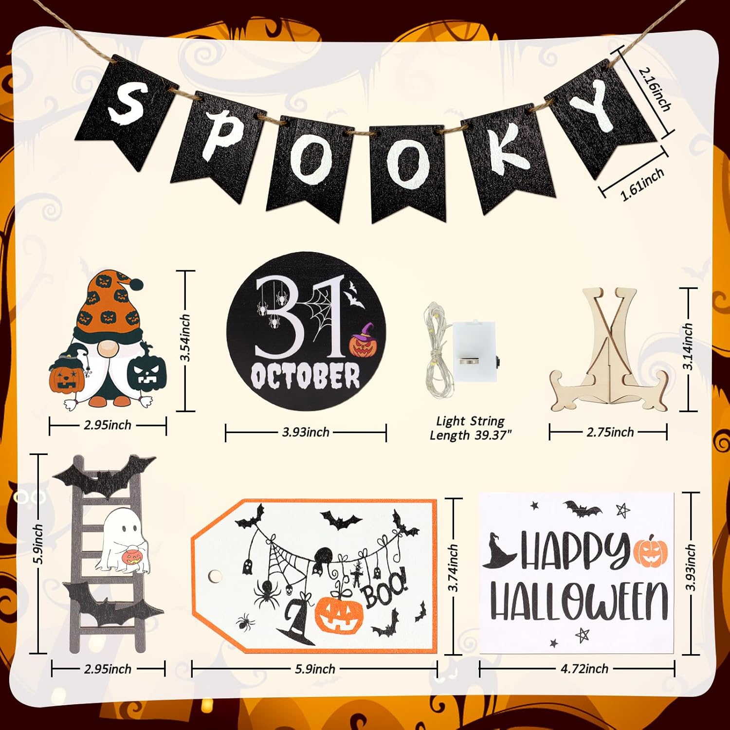 14 piezas de decoración de bandeja escalonada de Halloween, Boo Happy Halloween, juego de decoraciones de Halloween con cadena de luces LED,