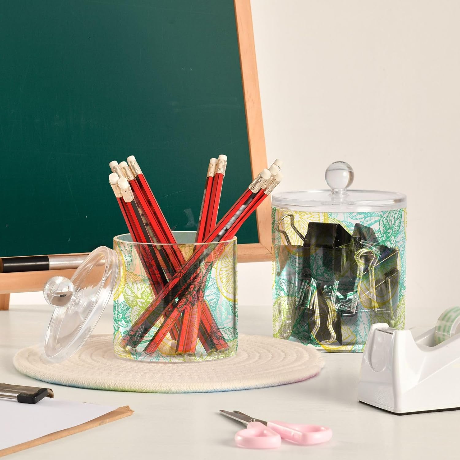 Tarros de limón y menta con tapas, tarros de plástico, recipientes de baño, tarro de algodón para dormitorio, artículos esenciales para estudiantes