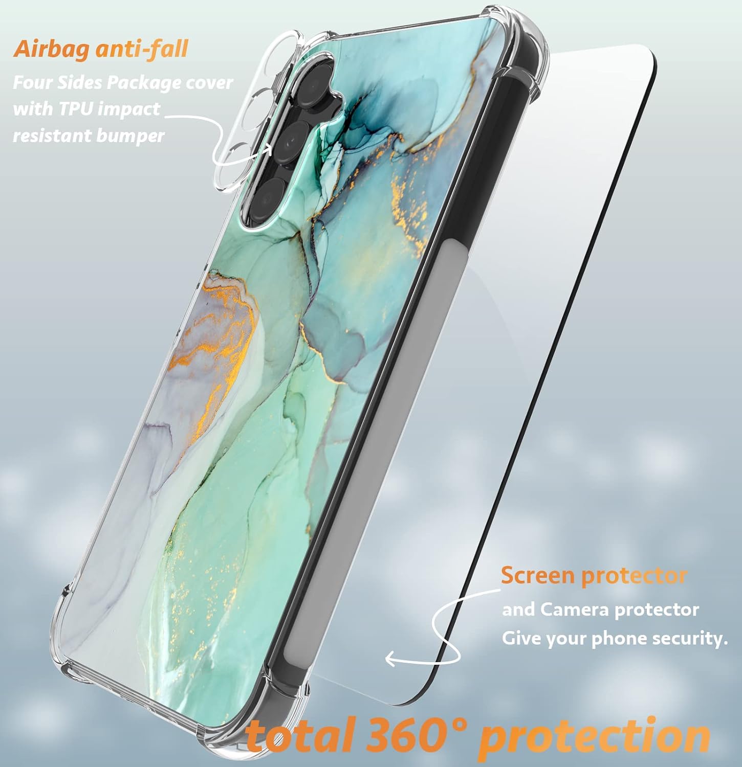 Funda para Samsung Galaxy A54 5G con protector de pantalla + protector de lente de cámara, mármol delgado + protección anticaída a prueba de golpes