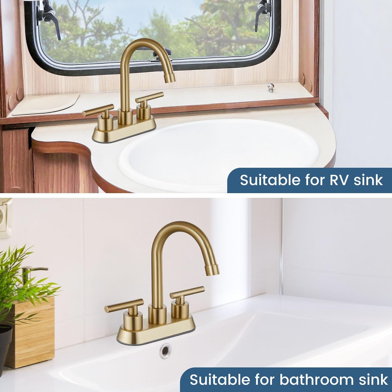 Airuida Grifo de baño central de 4 pulgadas, grifo de lavabo de baño de 2 asas, grifo de tocador de baño de dos agujeros con drenaje emergente, 2