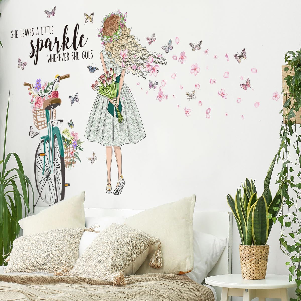 Calcomanías de pared de mariposa para niñas, diseño de flores de bicicleta, calcomanías de pared para despegar y pegar, habitación de niños,