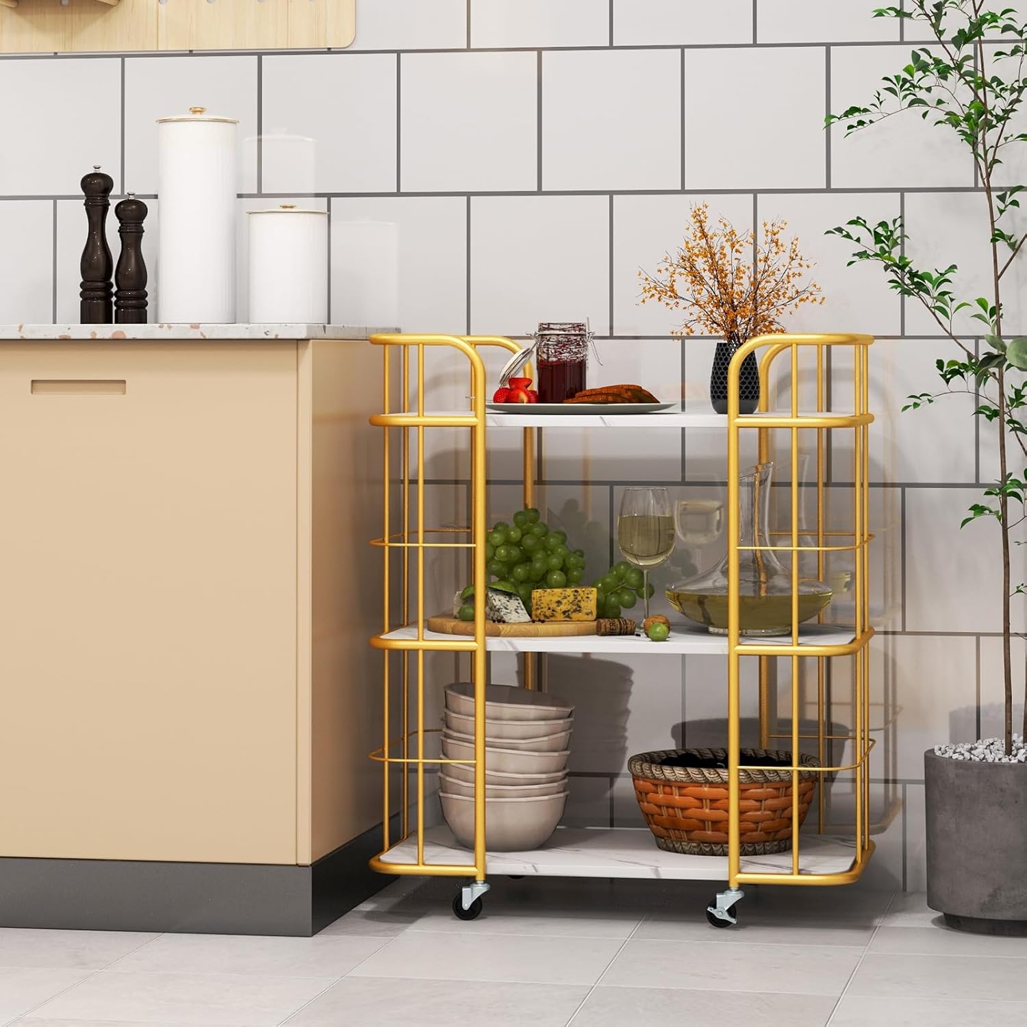 COSTWAY Carrito de barra rodante dorado, carrito de cocina de 3 niveles con marco de acero resistente, parte superior con acabado de mármol y mango