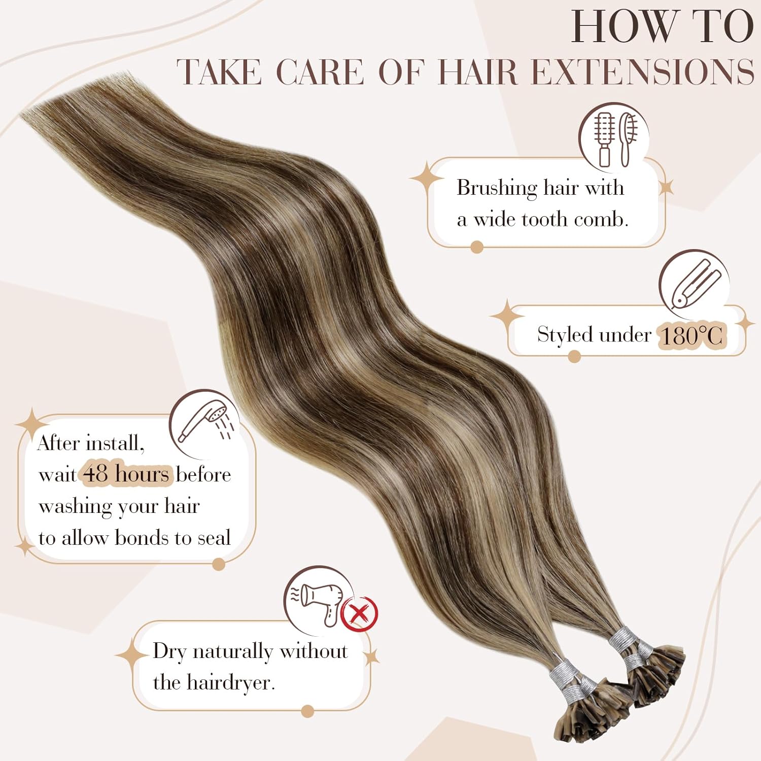 Hetto Extensiones de cabello humano con queratina en U Tip #427, color castaño con reflejos rubio miel, extensiones de cabello humano con punta en