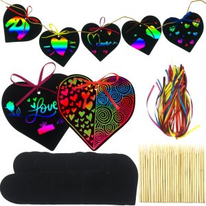 Papel para rascar para el día de San Valentín, 96 piezas de arte arcoíris en forma de corazón con lápices y cintas de madera para niños, artes Papel para rascar para el día de San Valentín, 96 piezas de arte arcoíris en forma de corazón con lápices y cintas de madera para niños, artes