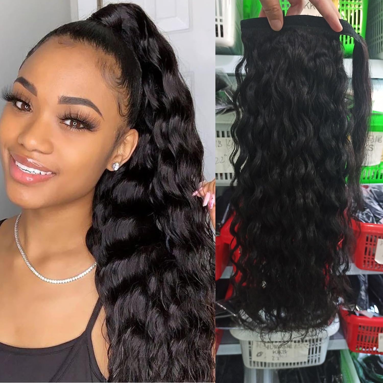 Extensión de cola de caballo de cabello humano, onda de agua, pasta mágica, ondulado, natural, coleta de caballo rizada 100% real, extensiones de