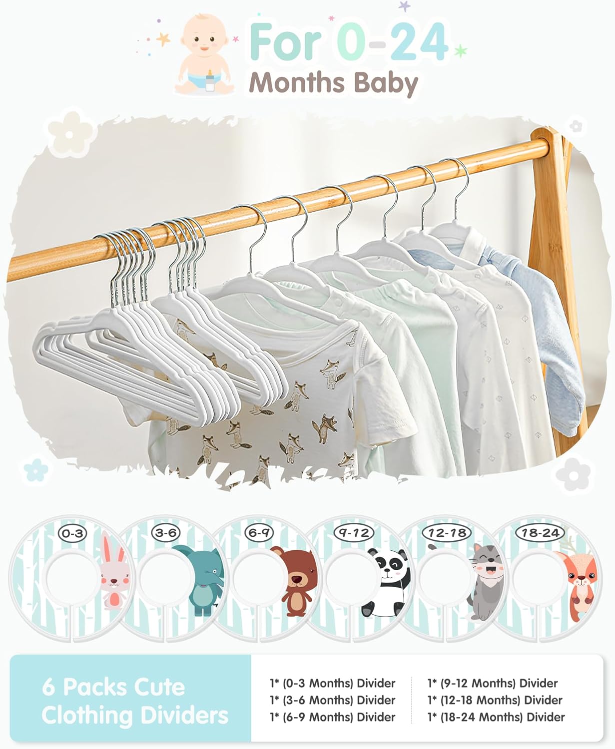 VIS’V – Perchas de terciopelo para niños, 11 pulgadas, color blanco, antideslizantes, para ropa de bebé, con 6 bonitos divisores de ropa para bebés,