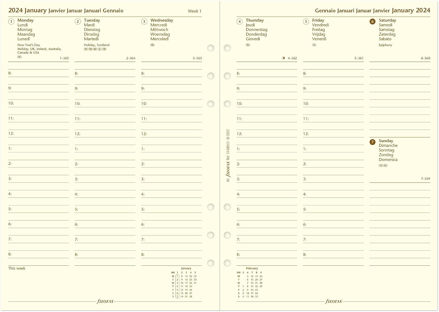 Filofax Recambio de diario de calendario, tamaño A5, vista semanal con citas, papel crema de algodón, multilingüe cinco idiomas, 2024 (C68513-24)