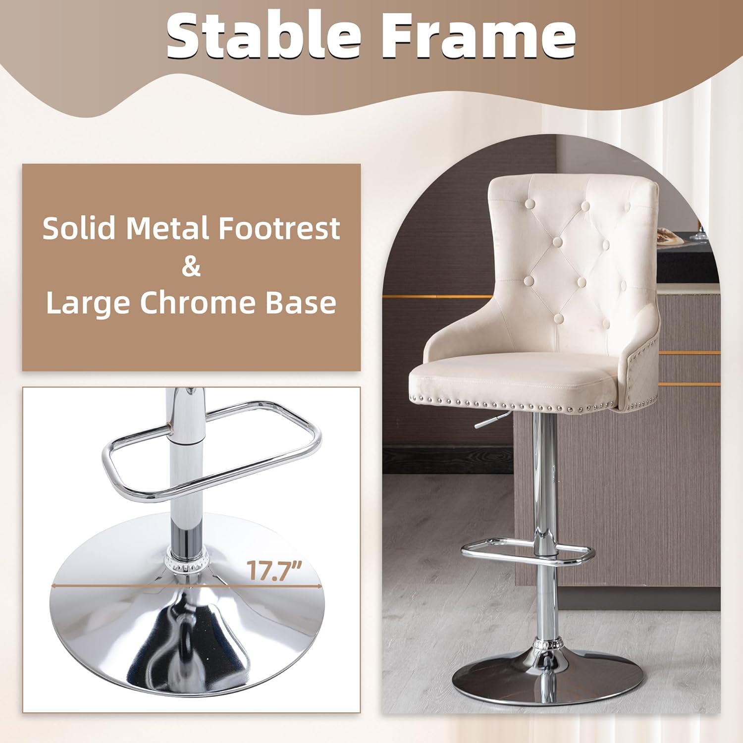Juego de 2 taburetes de bar, taburetes de bar giratorios de terciopelo ajustable en altura de mostrador con reposapiés, acolchado suave tapizado con