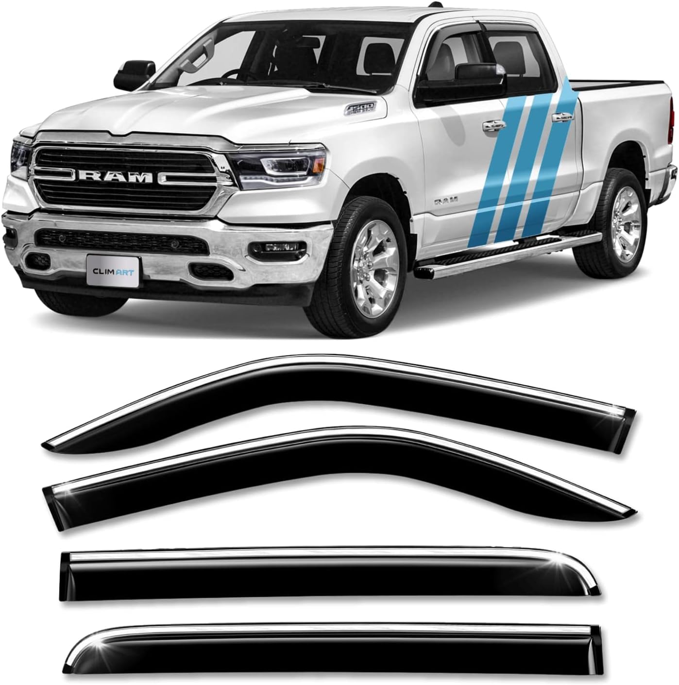 CLIM ART Protectores de lluvia increíblemente duraderos con ribete cromado para Dodge Ram 1500 2019-2024 Crew Cab, deflectores de ventana con cinta