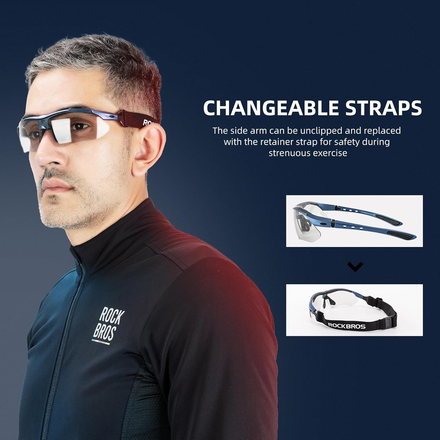 ROCKBROS Gafas de sol deportivas fotocromáticas para hombre, gafas de sol de ciclismo MTB, con banda elástica extraíble