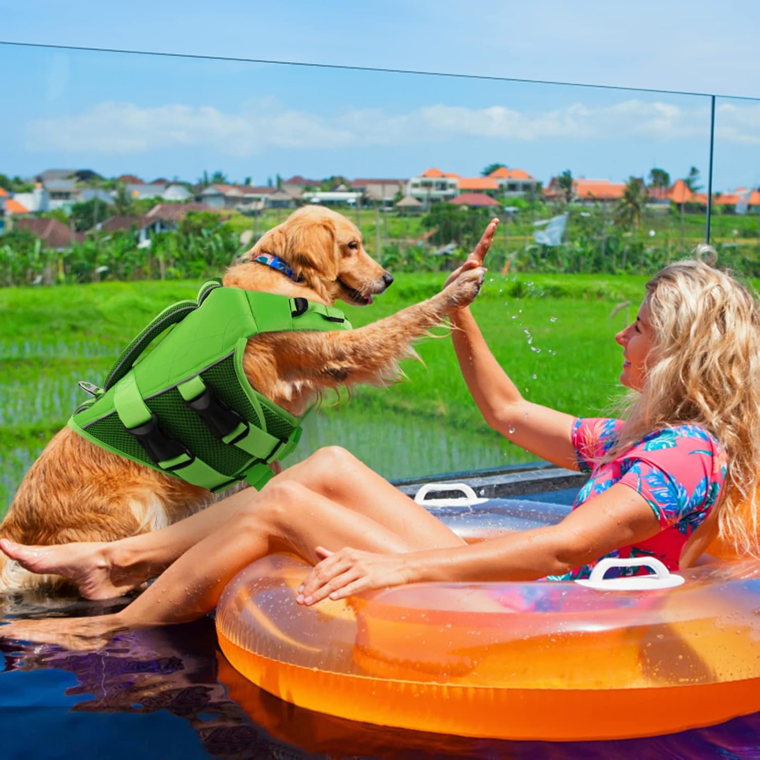 ASENKU Chaleco salvavidas para perros con asa de rescate, chaleco salvavidas para perros para nadar, navegar con alta flotación, antidesgarros,