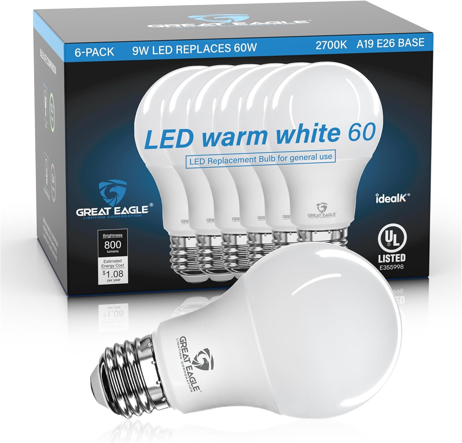 Great Eagle Lighting Corporation – Bombilla LED A19, 9 W (equivalente a 60 W), certificación UL, 2700 K (blanco cálido), 800 lúmenes, no regulable,