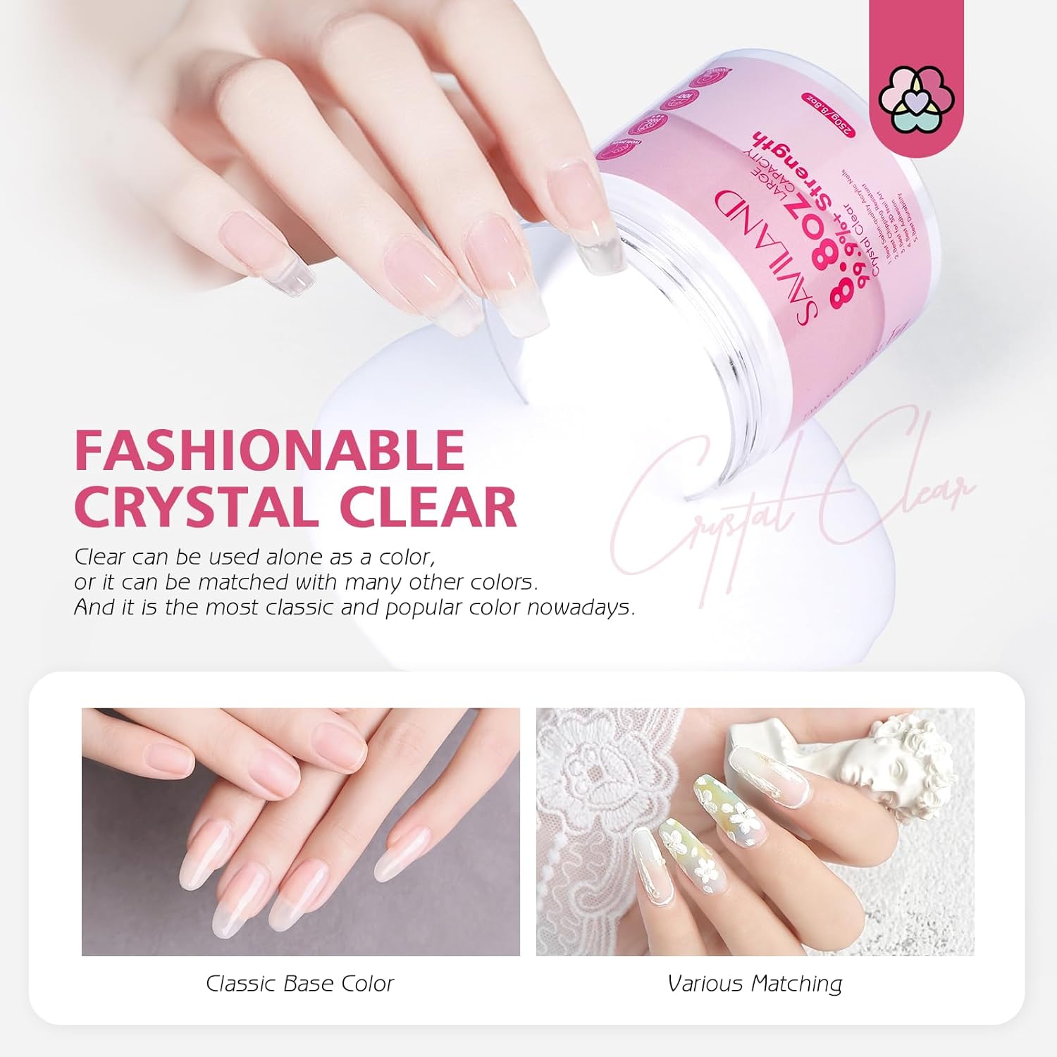 Saviland Polvo acrílico transparente  250 g8.8 oz polvo acrílico de uñas grande para extensión de uñas, polvo de uñas acrílico profesional