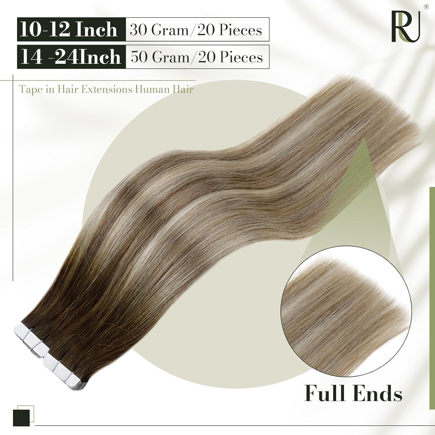 RUNATURE Extensiones de cabello humano Remy con cinta adhesiva, balayage, color marrón nogal degradado a marrón ceniza con rubio claro, extensiones