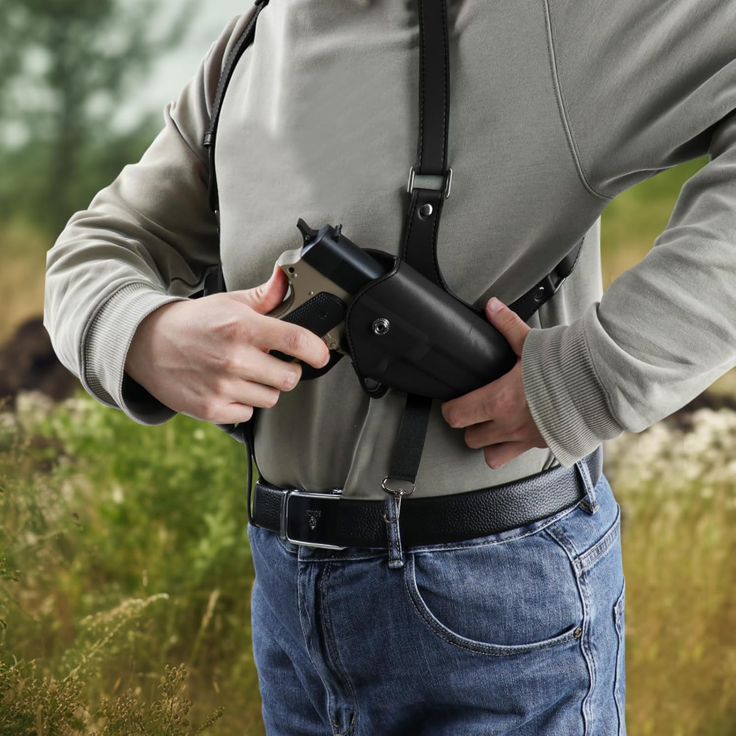 Shoulder Holster General Vertical Gun Holster Adjustable PU Leather for Concealed Carry with Double Magazine Pouch – Fit 1911 Most Kinds of Pistols