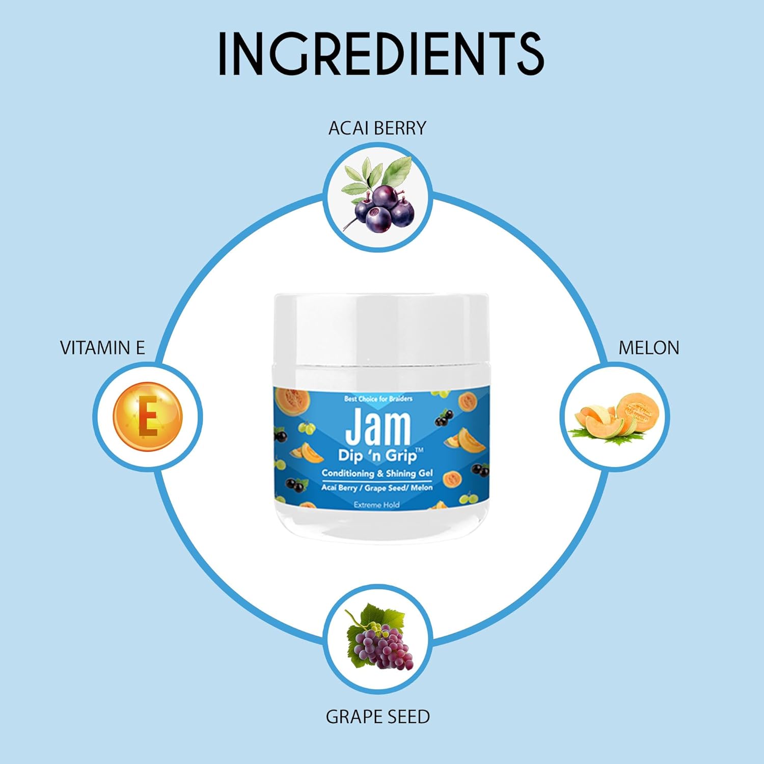 Jam Conditioning & Shining Gel Acai BerrySemilla de uvaMelón, fijación extrema, solución de peinado unisex (4 onzas)