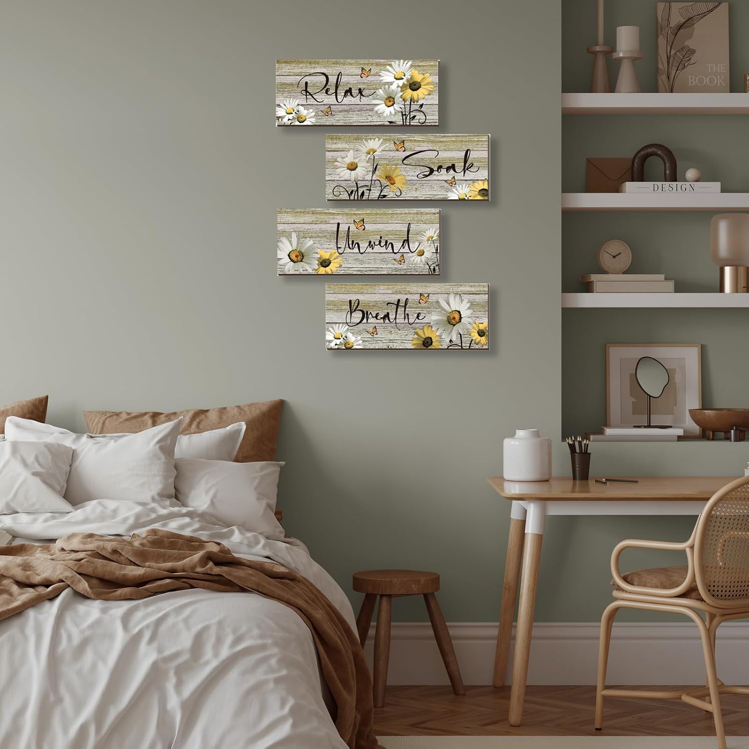 ZINYAZHE 4 piezas de decoración de pared de baño amarillas de margaritas amarillas y mariposas amarillas, arte de pared amarillo para relajarse,