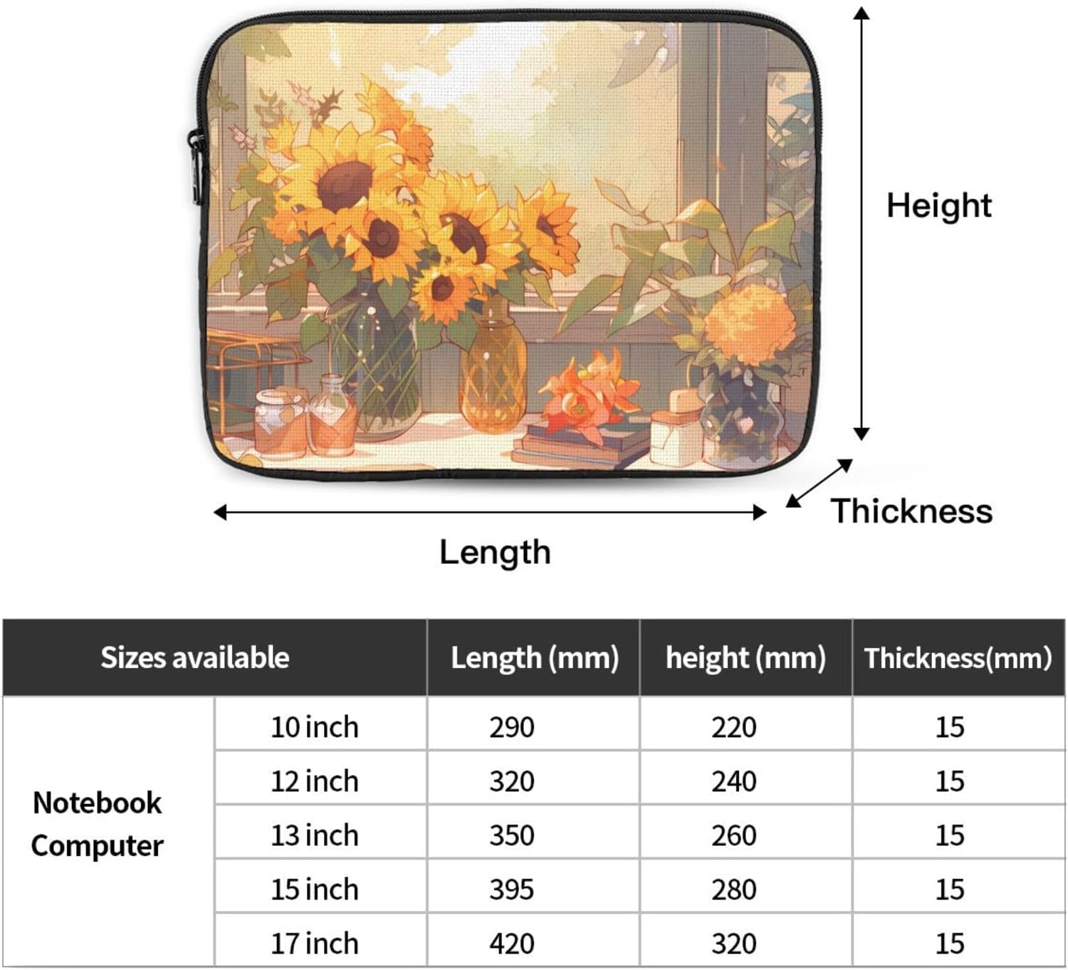 Funda para computadora portátil de 12 pulgadas, a prueba de golpes, resistente al agua, para viajes de negocios y uso diario, girasoles debajo del