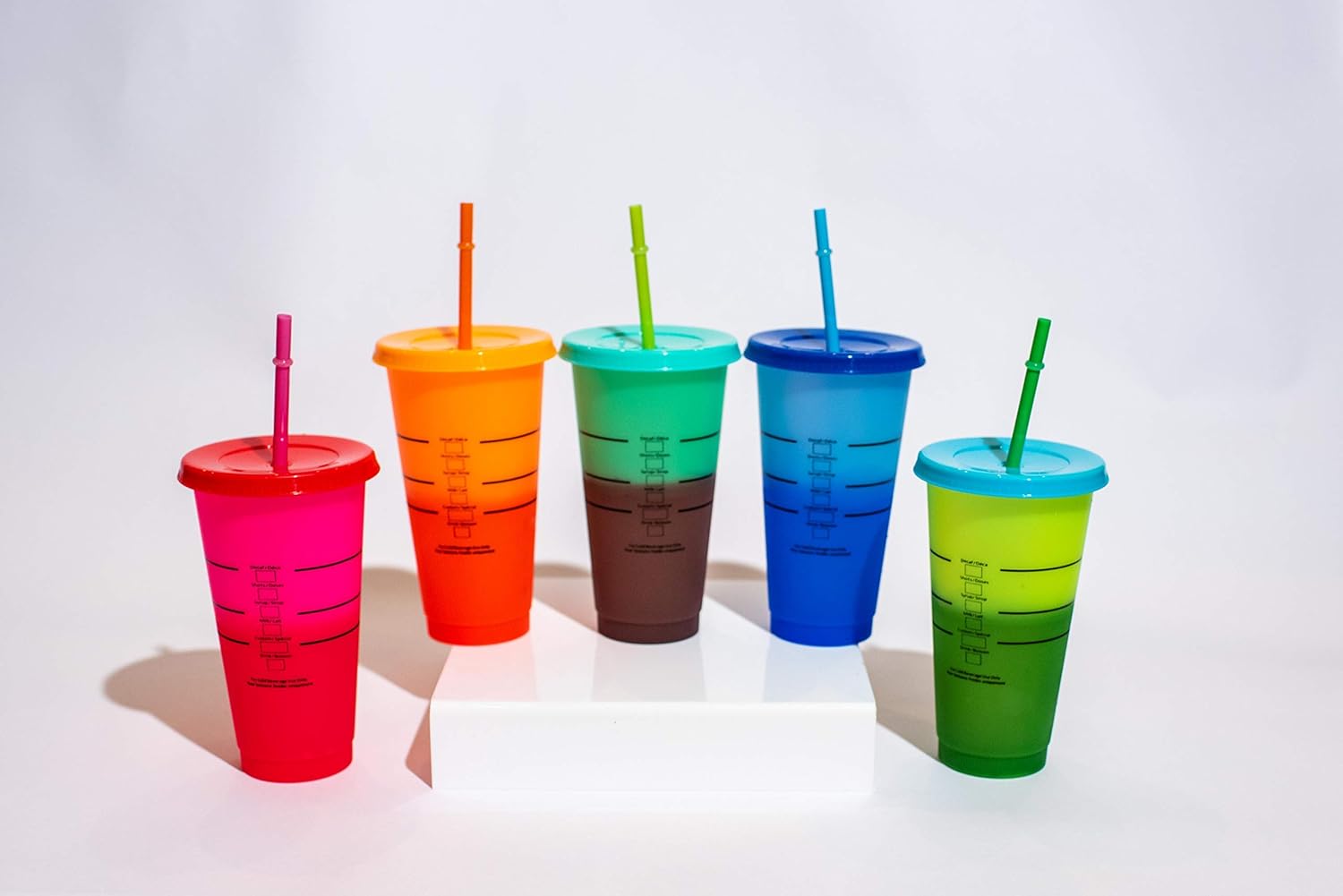 ASTOR – Vasos que cambian de color  Juego de 5 vasos reutilizables con tapas y pajitas  Vaso frío de 24 onzas  Vasos de café helado