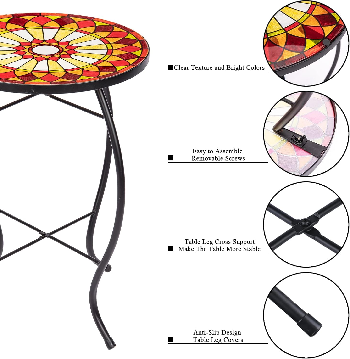 VCUTEKA Mesa auxiliar de mosaico para exteriores, mesa auxiliar para patio, mesa auxiliar pequeña, parte superior de cristal, redonda, balcón, mesa