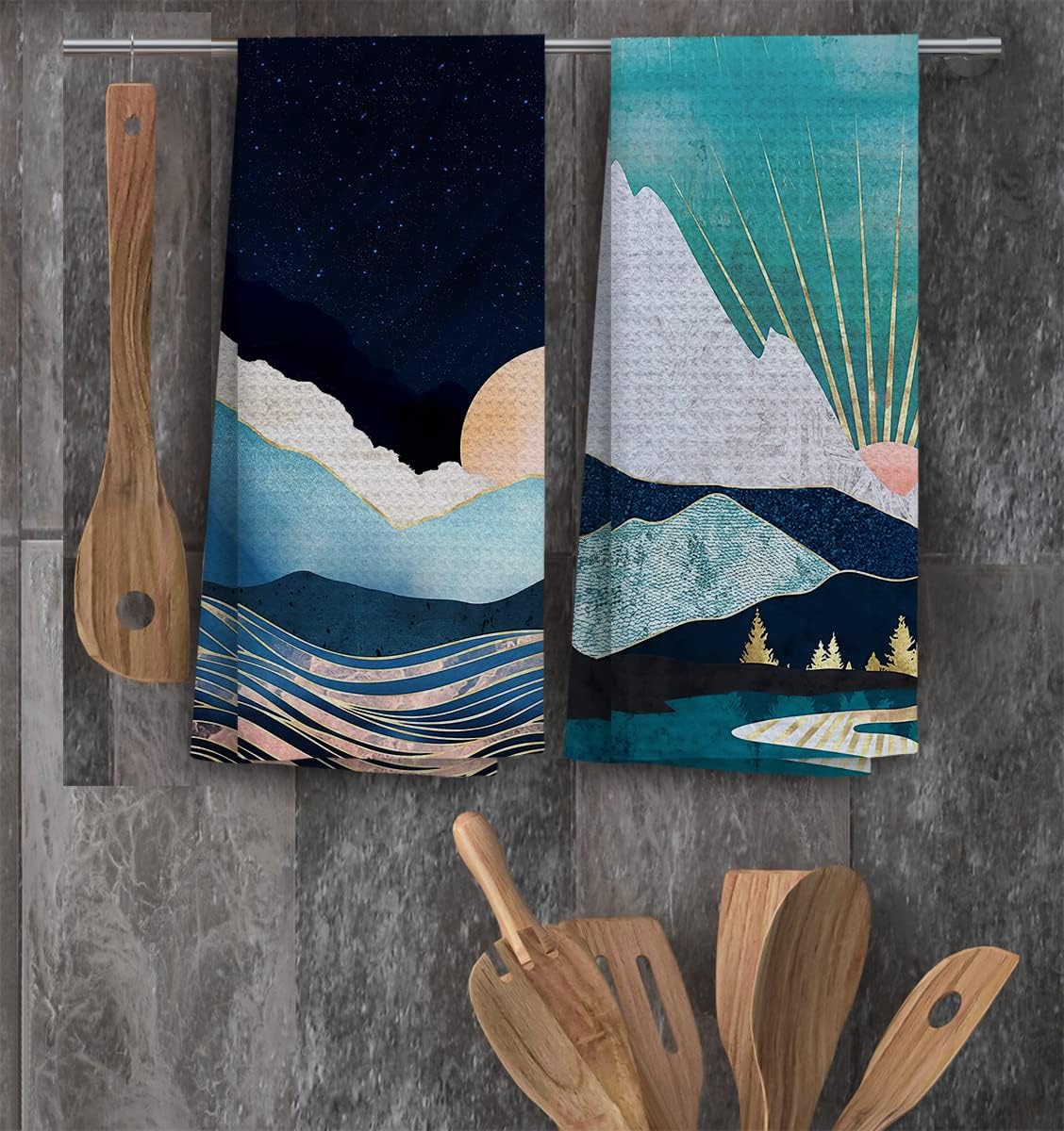 TUNW – Juego de 2 toallas de cocina para baño, estilo bohemio, abstracto, montañas y medianoche, suaves y absorbentes, toallas de mano bohemias,