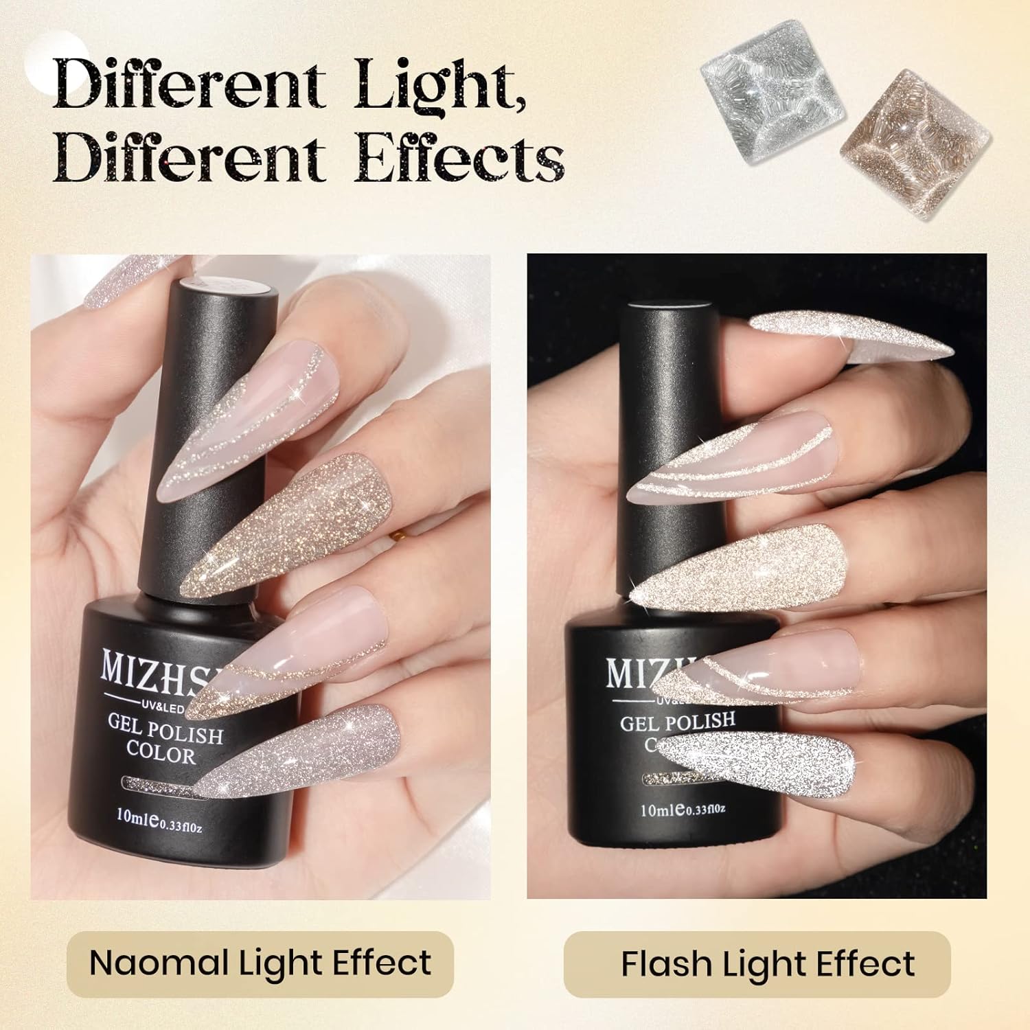 MIZHSE Esmalte de uñas de gel reflectante, esmalte de gel plateado y dorado con purpurina, 2 colores, juego de manicura de gel de uñas de diamante