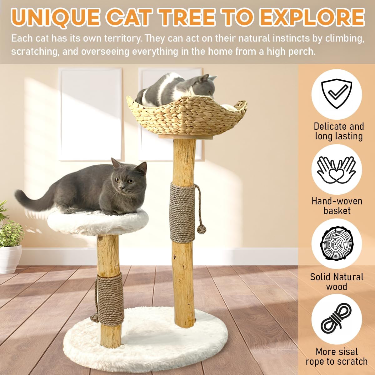 Árbol para gatos y juguetes para gatos, torre moderna de árbol para gatos de interior, torre de madera de rama real, poste rascador para gatos,