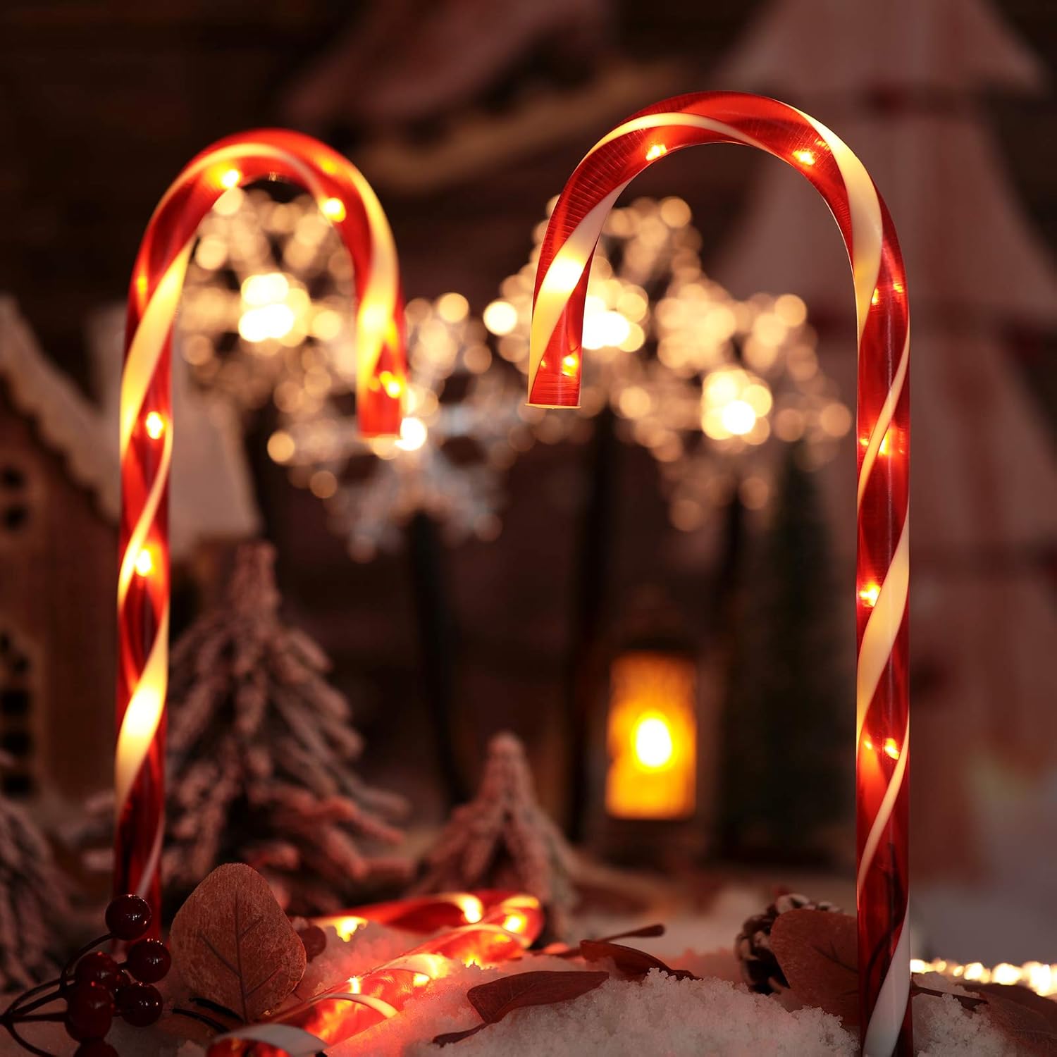 12 luces solares de bastón de caramelo de Navidad de 17 pulgadas, marcadores de camino de bastón de caramelo, impermeables, luces de paisaje al aire