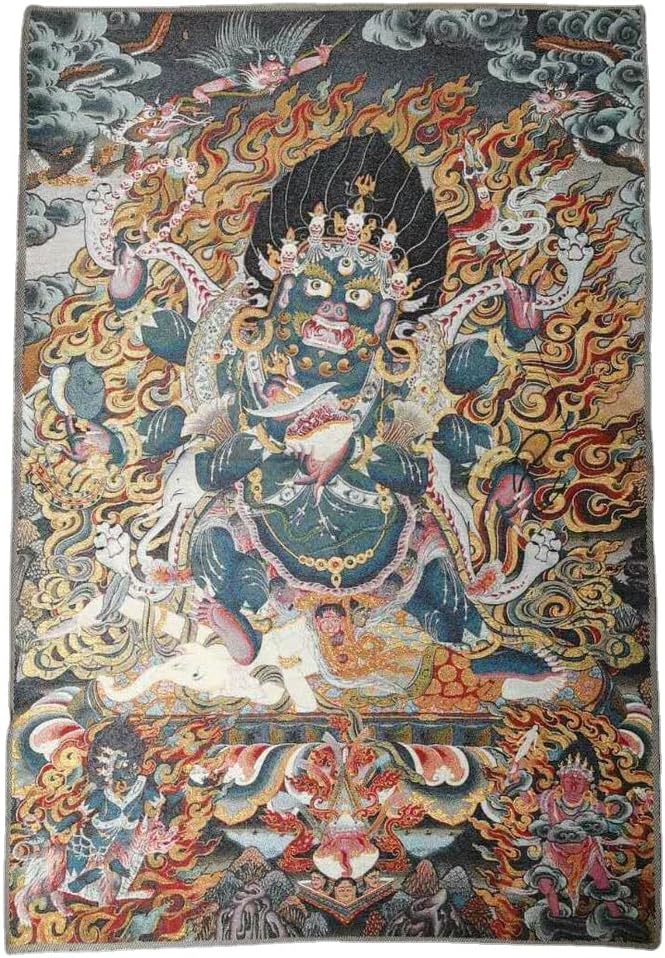Tapiz de seda bordado de budismo Tíbet Thangka de seda de 6 brazos Mahakala Wrathful Deity Tangka Fengshui para colgar en la pared para decoración