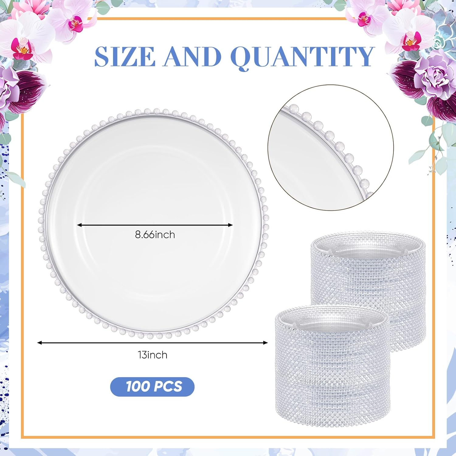 100 platos de carga redondos transparentes de 13 pulgadas, de plástico, platos de servicio decorativos con borde de cuentas para bodas, fiestas de