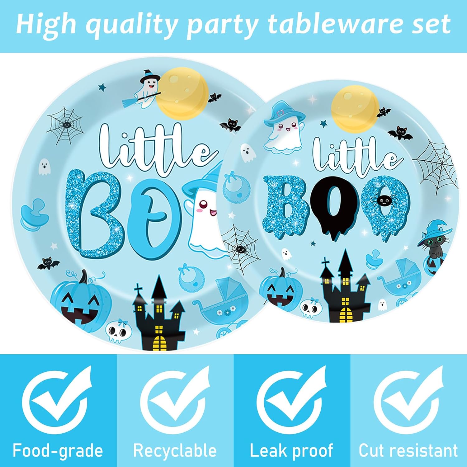 ZOIIWA Juego de 96 piezas de vajilla de Halloween Little Boo Baby Shower para niños, suministros de fiesta de fantasmas para 24 invitados, platos
