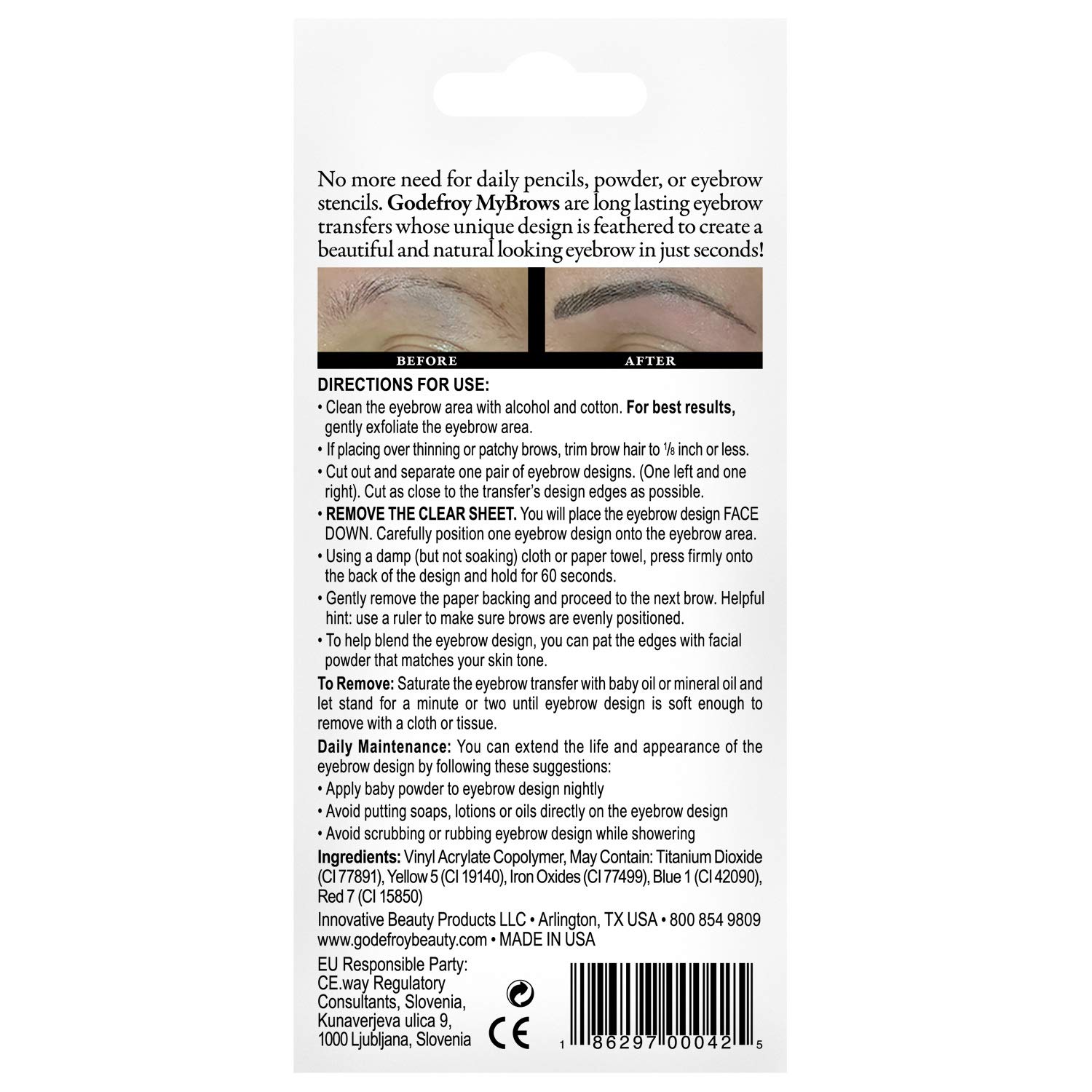 Godefroy MyBrows Transferencias de cejas de larga duración, arco bajo, marrón oscuro, 48 pares de cejas (96 transferencias individuales)