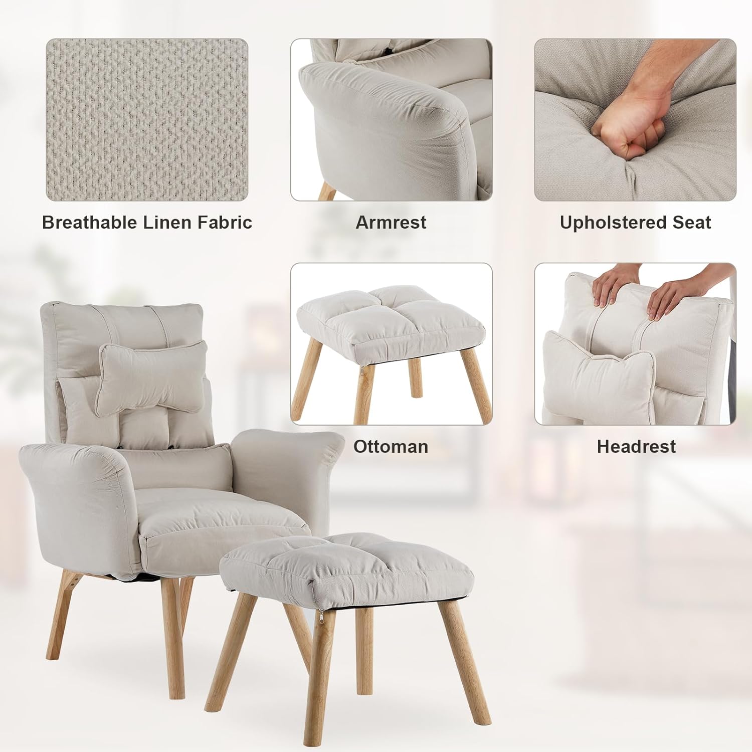 CLIPOP Silla decorativa moderna con otomana, sillón de tela de lino con respaldo ajustable (5 ángulos), patas de madera maciza, cómoda silla de