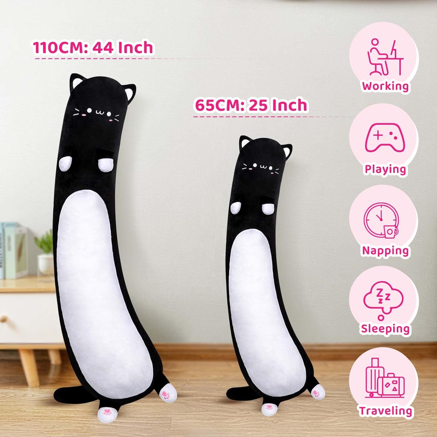 Almohada larga de peluche con forma de gato  Almohada esponjosa de animales de peluche de gato negro de 35 pulgadas, bonita almohada de peluche para