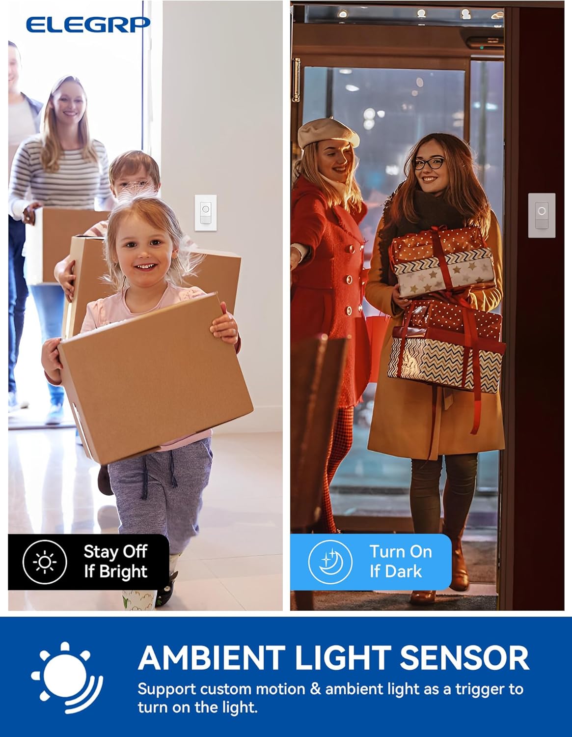 ELEGRP Interruptor inteligente con sensor de movimiento, interruptor de luz Wi-Fi de 3 vías de 2.4 GHz, compatible con Alexa y Google Assistant,