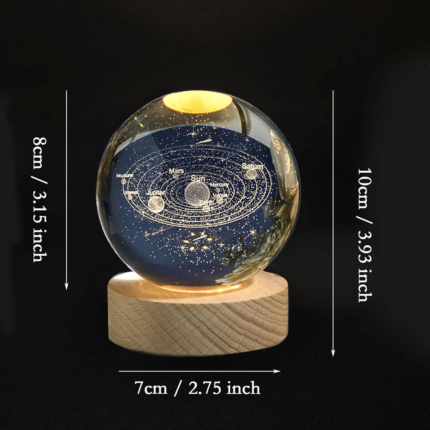 Bola de cristal del sistema solar de 3.15 pulgadas (3.150 in) con sistema solar 3D planetas modelo globo con base de madera, adorno decorativo para