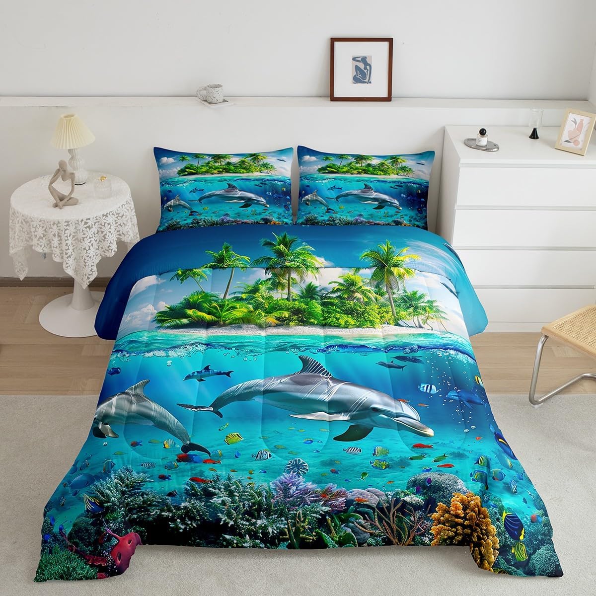 Underwater World – Juego de ropa de cama con relleno de edredón de playa hawaiana, tamaño Queen, isla mediterránea, juego de edredón tropical de
