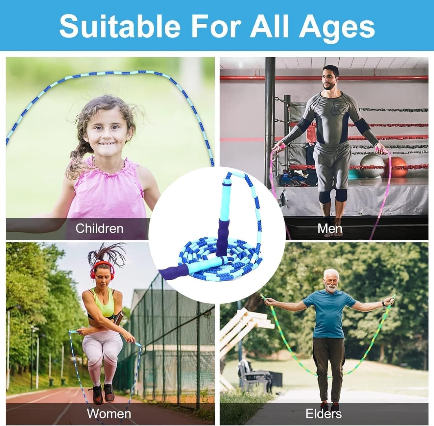 GRAWUN Cuerda de saltar para niños, cuerda de saltar con cuentas suaves, longitud ajustable, sin enredos, cuerda de saltar con cuentas suaves, para