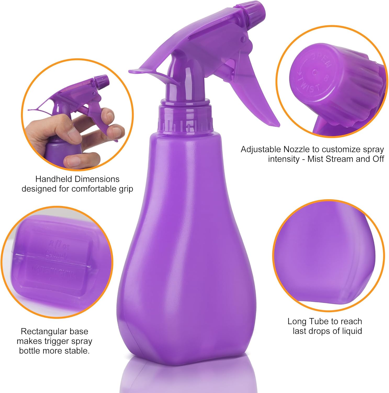 JIUHSHN Paquete de 4 botellas vacías de plástico de 8 onzas, botellas de chorro de agua recargable con modos de niebla y flujo, botellas de spray