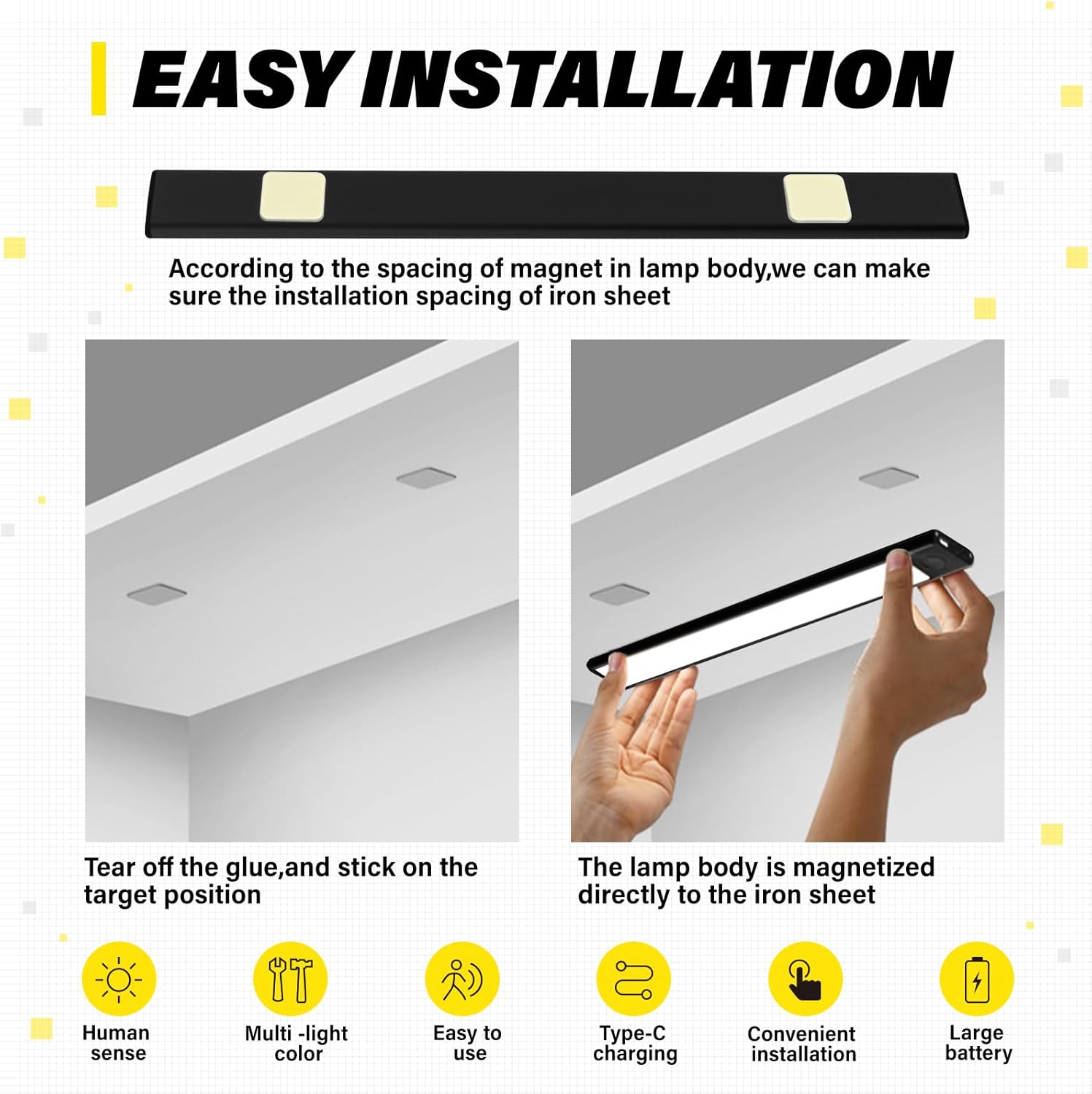 12 Inch Rechargeable Motion Sensor Under Cabinet Strip Lights Indoor (2-Pack), Battery Powered Under Cabinet Lighting Lights for Kitchen, 54 LED