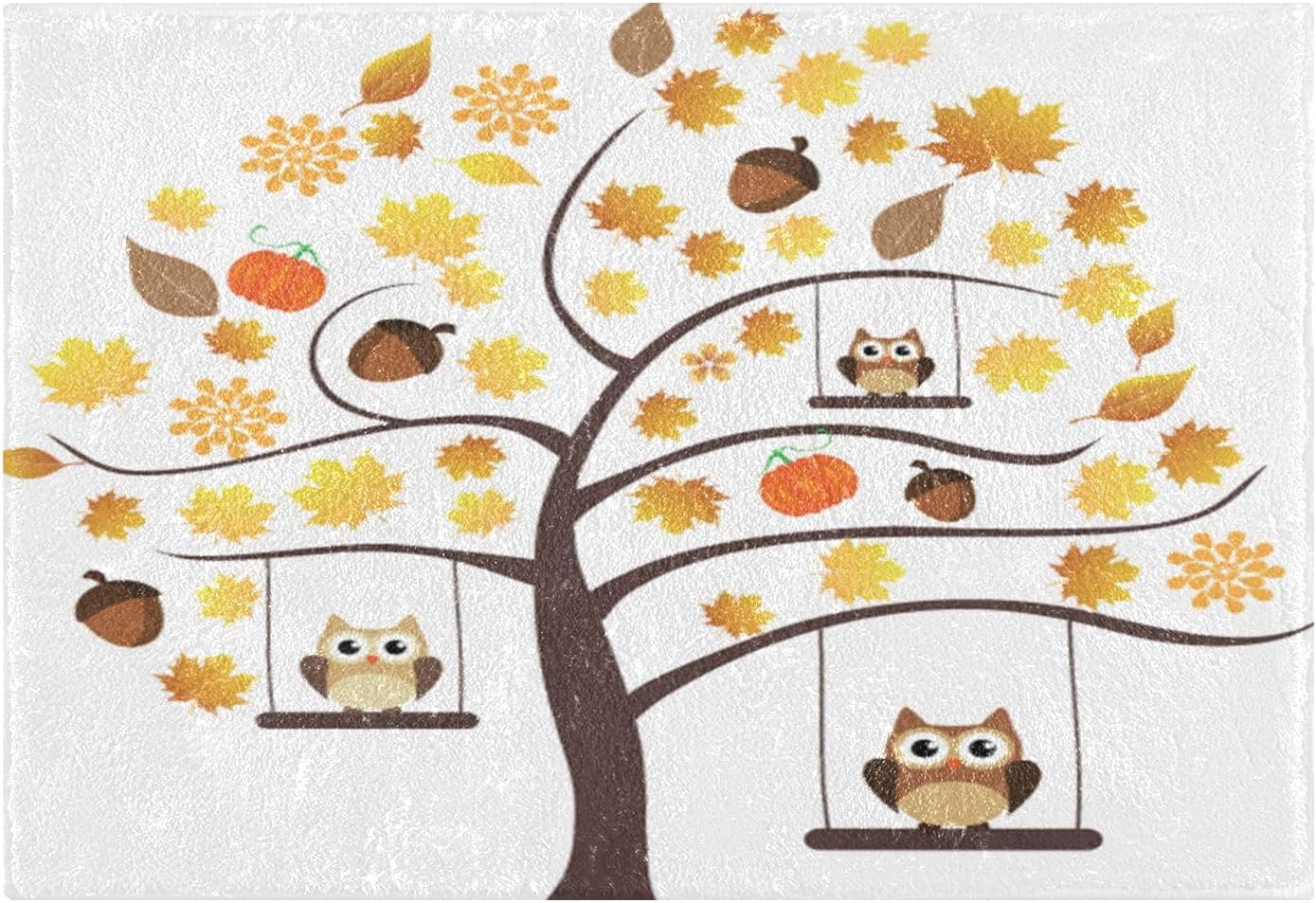 Bathroom Rugs Sets 2 Piece 24×16+24×20 Inch,Soft U-Shaped Contour Toilet Rug Fall Owl Pumpkins Non-Slip Absorbent Bath Floor Mat Carpet Set Water
