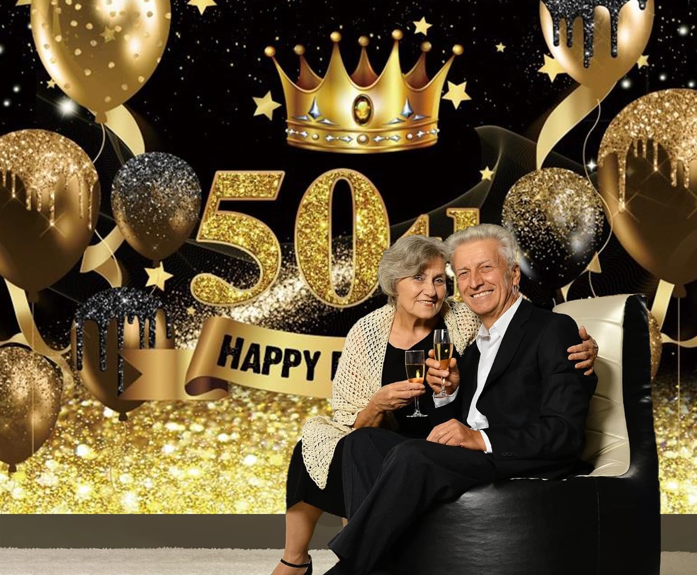 Telón de fondo para fotografía de cumpleaños número 50 para mujeres y hombres, globo con purpurina negra y dorada, telón de fondo para fotos de