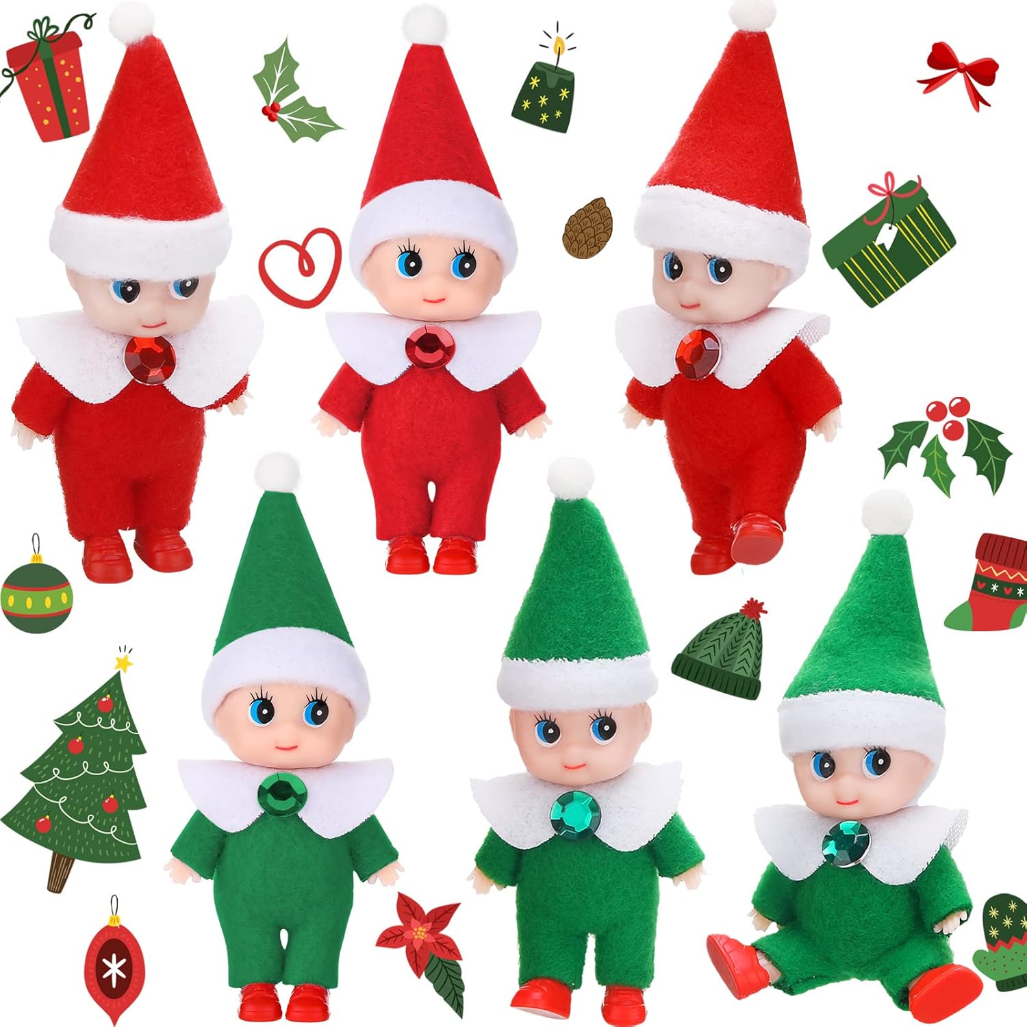 6 muñecas de elfo de Navidad para bebé, gemelos, juguetes para niños y niñas, accesorios en miniatura de Navidad para Año Nuevo (rojo, verde)