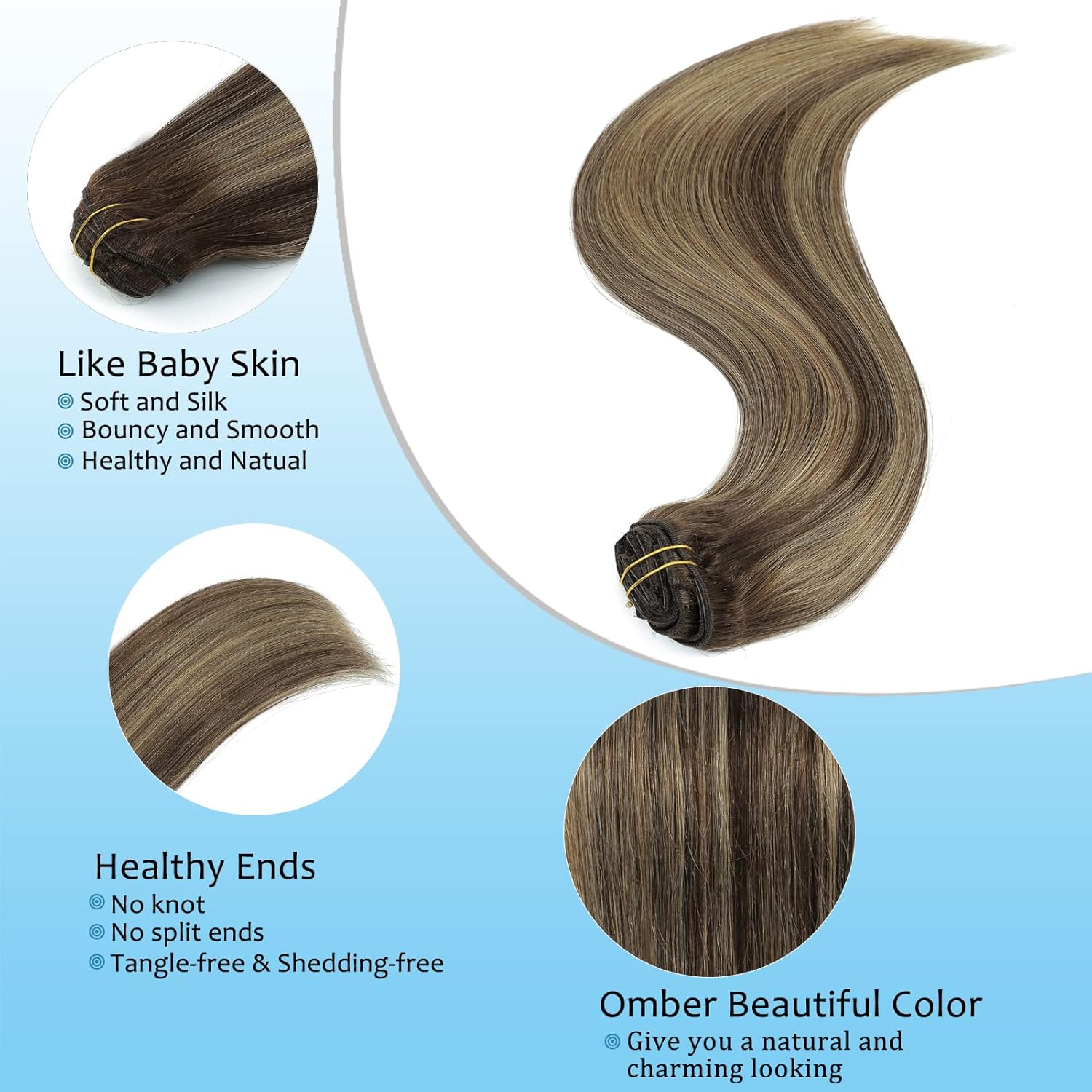 Extensiones de cabello humano real con pinzas, balayage, color marrón chocolate a rubio sucio, mezcla de marrón, 14 pulgadas, 3.53 oz, 10 unidades