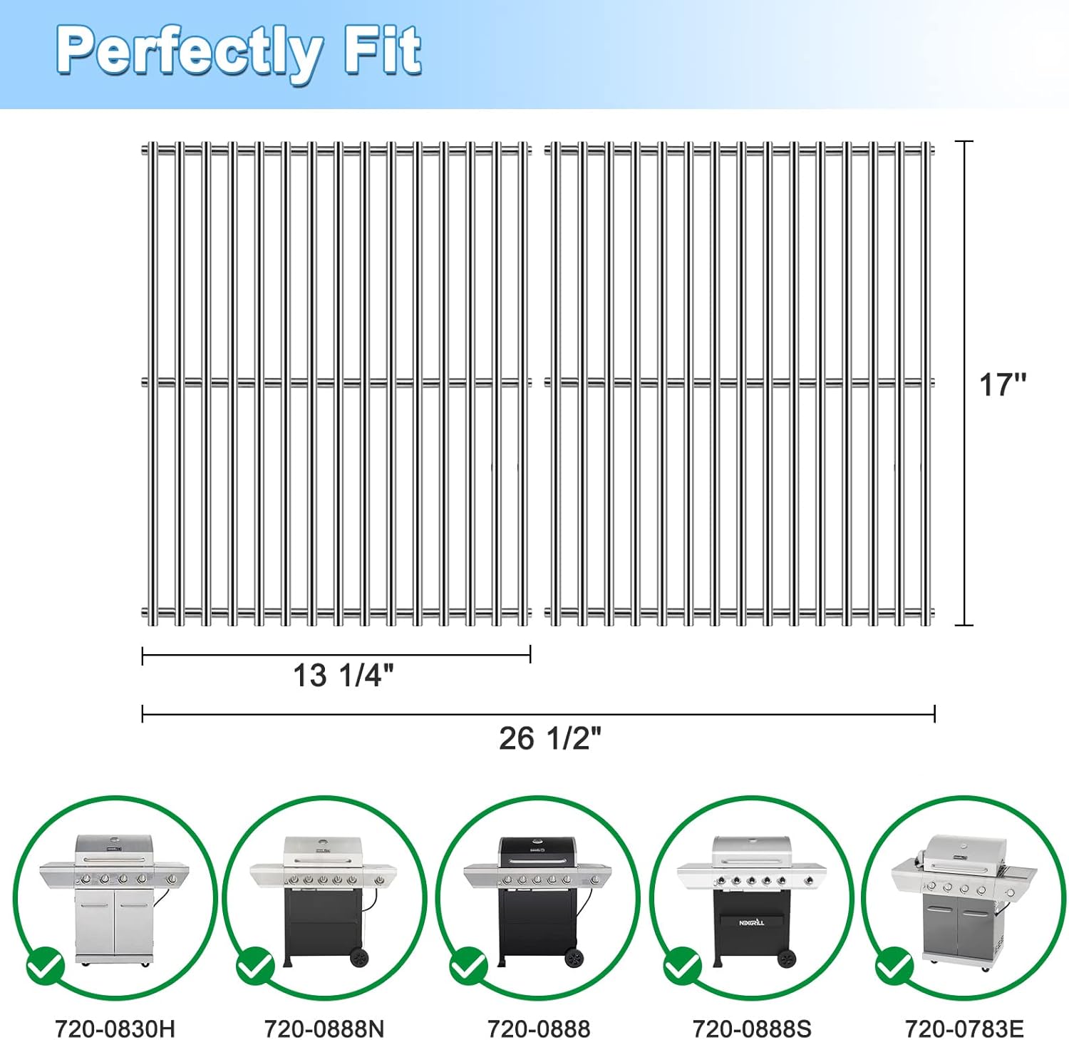 Adviace Piezas de repuesto de parrilla para Nexgrill 720-0888, 720-0888N, 720-0830H modelos de parrilla de gas, rejillas de acero inoxidable de 17