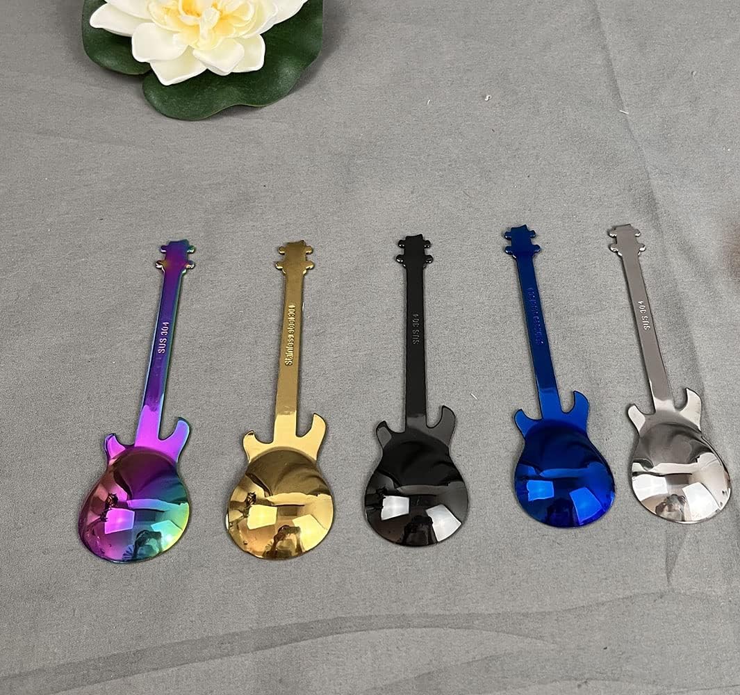 Juego de 5 cucharas de guitarra, juego de cucharas de té, juego de cucharas de té coloridas de acero inoxidable, cuchara de mezcla de té, café de
